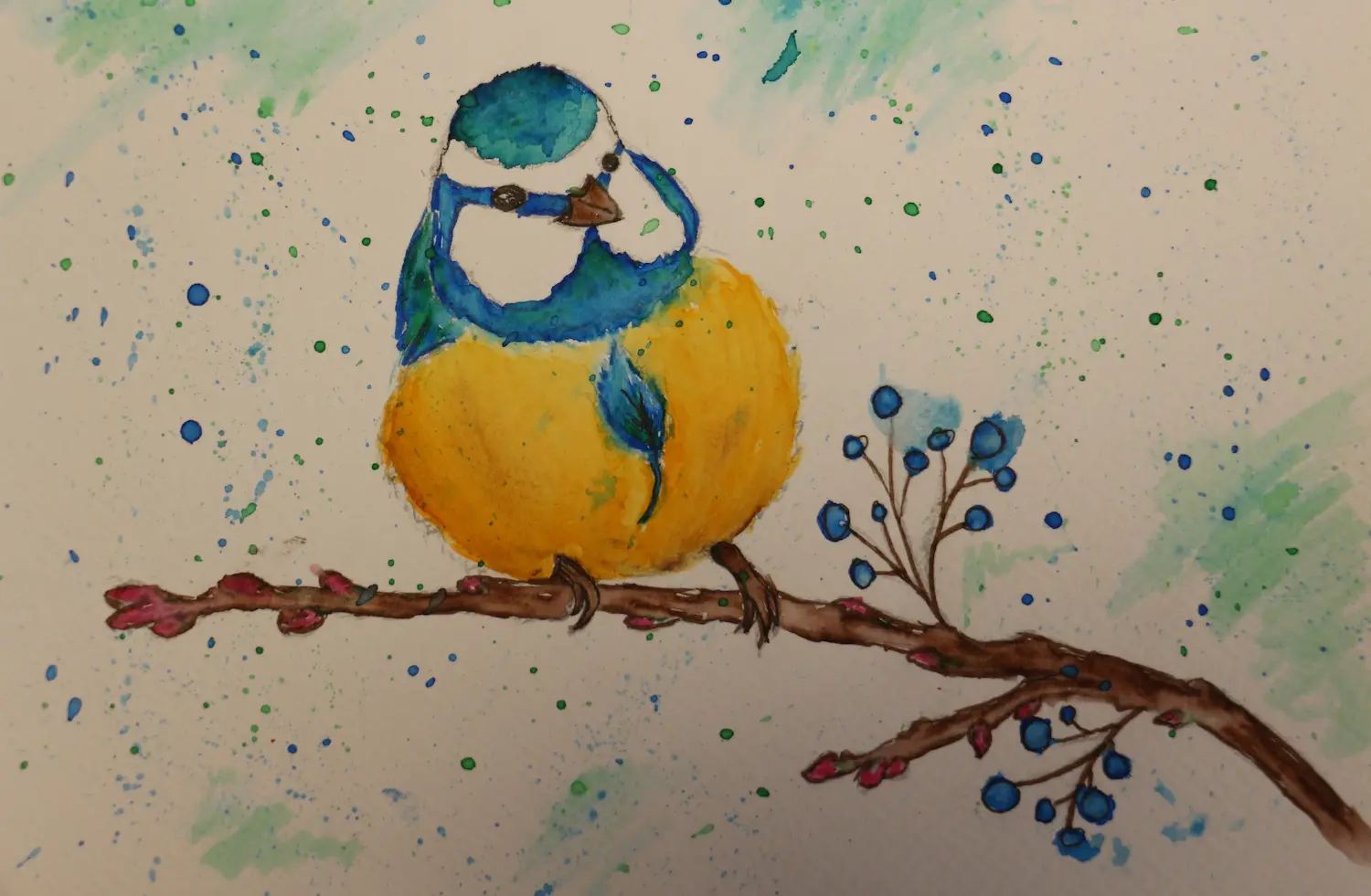 Blaumeise mit Wasserfarben gemalt