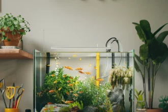 Ein kleines, aber lebhaftes Nano-Aquarium platziert auf einem Arbeitsplatz, umgeben von Büromaterialien, bietet eine beruhigende Atmosphäre beim Arbeiten.