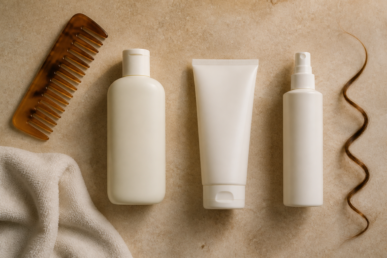 Shampoo, Conditioner und Leave-in neben grobzinkigem Kamm und Handtuch